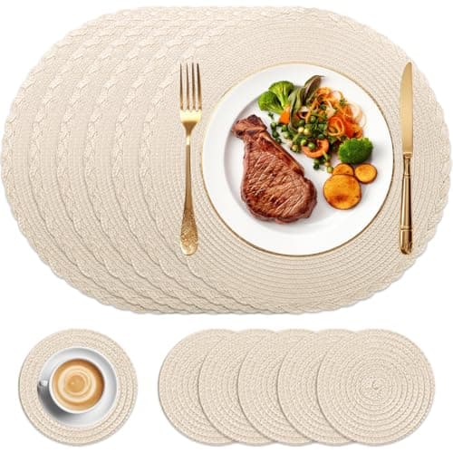 Image of HEYOMART Round Placemats and Coasters Set of 6, Braided Woven Placemats Washable Heat Resistant Table Mats for Kitchen Dining Table Home Restaurant, Apricot