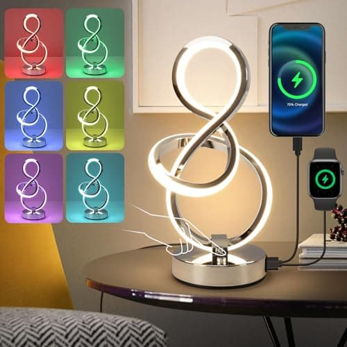 Image of EIDEARAY RGB Bedside Table Lamp,Touch Control Dimmable Lamp with 6 Color Changing and 3 Levels Warm White,LED Modern Nightstand lamp with USB Ports, Night Light for Bedroom,Office, Living Room(Silver)