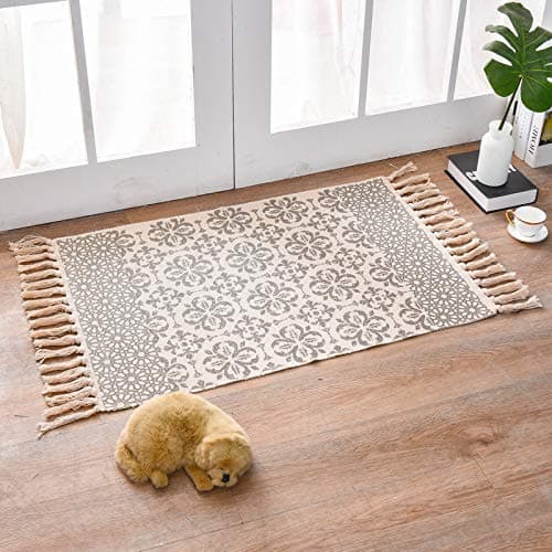 Image of MORROWCAMP Boho Cotton Small Rug 58x88 cm with Tassels, Woven Washable Rug, Soft Bedside Rug for Bedroom, Entryway Decorative Rug Indoor, Vintage Moroccan Floral Pattern Beige Grey