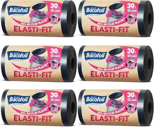Image of Bacofoil Elasti-Fit Bin Liners - 30L Recycled bin bags, 6 Rolls (72 Bags) - Leak-Proof, Elastic Fastening for Secure Fit - Made from 100% Recycled Plastic - Eco-Friendly Waste Disposal.