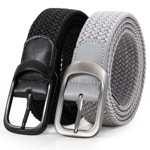 Image of WERFORU 2 Pack Stretch Woven Belts Men's Elastic Braided Belt 1 3/8 Casual Golf Belt for Jeans Pants Black/Grey