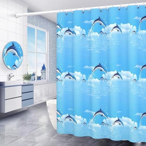 Image of DHSWNNG Shower Curtains Mould Proof Resistant Blue Shower Curtain with 14 Hooks 180 X 200cm Dolphin Waterproof Bath Bathtub Curtain for Bathroom Wet Room Tub