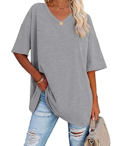 Image of Ebifin Women's Oversized T Shirts Half Sleeve Plain V Neck T Shirt Basic Tees Loose Cotton Tunic Tops.Light Grey.XXL