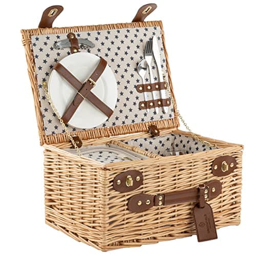 Image of Greenfield Collection Purbeck 2 Person Picnic Basket Hamper inlcudes Dishwasher Safe Flatware, Cutlery, Plates and Wine Glasses.