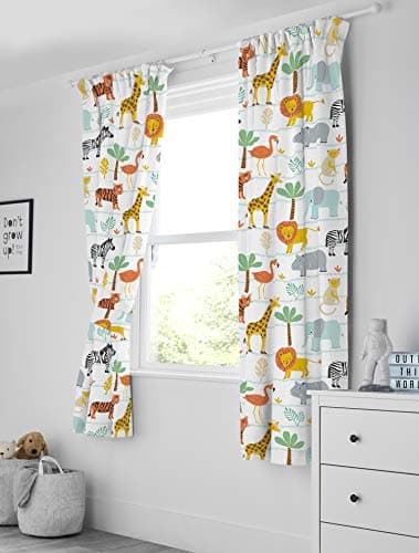 Image of Bloomsbury Mill - Kids Curtains for Boys & Girls Bedroom - Safari Animals Lined Curtain Pair with Tiebacks - Nursery Curtains for Childrens or Baby Room - Neutral - 66X72 inch drop (168x183cm)