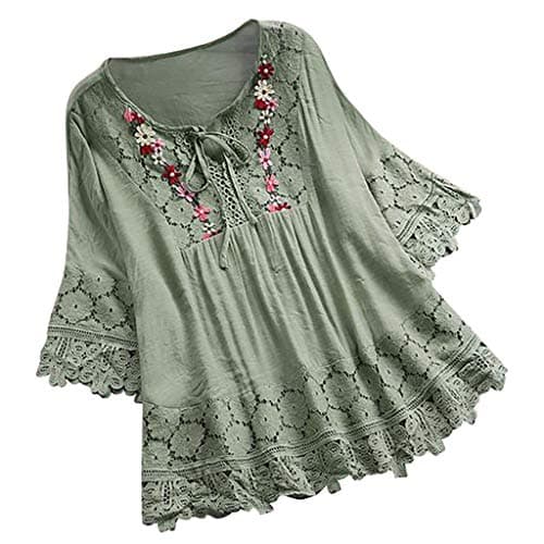 Image of GMQWRK 3/4 Bell Sleeve Blouse for Women Stylish Floral Embroidered Tie Neck Tunic Tops with Lace Trim Lightweight Casual Patchwork Hollow Out Shirt Ladies Longline Blouses Plus Size Green