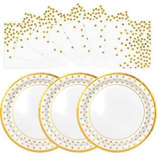 Image of AHPYEUHK 50 Pack Paper Plates & Napkins - 25 * 7in Party Dessert Plates & 25 * 6.5in Napkins for Birthday, Baby Showers, Wedding (White-Gold)