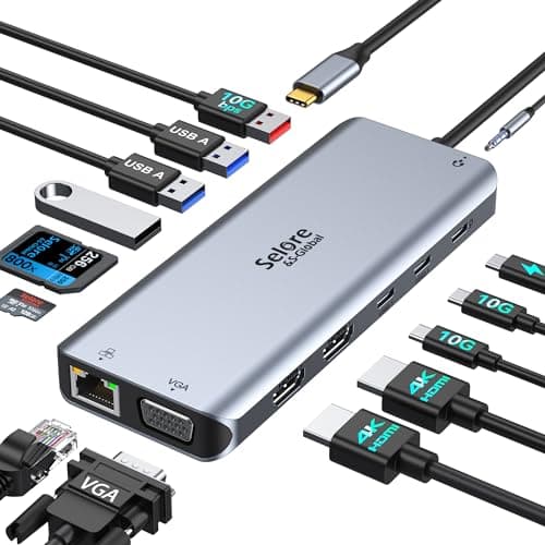 Image of USB C Docking Station 2 HDMI, Laptop Docking Station Dual Monitor USB C Dock Triple Display Multiport Adapter Hub with 2 4K HDMI VGA 10G USB 3.1 3.0 100W PD microSD Audio RJ45 for Dell HP Surface Asus