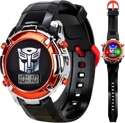 Image of Accutime Transformers LCD Digital Watch for Kids - Iconic Autobot Design Flashing LED Lights Black and Red Durable Strap Comes in Collector Tin Transformers LCD Watch Modern, Transformers Lcd Watch