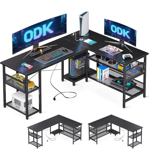 Image of ODK L Shaped Gaming Desk, 150 x 102 cm Reversible Computer desk with 2 Sockets and 2 USB Charging Ports, Corner Desk with Storage for Home Office Black
