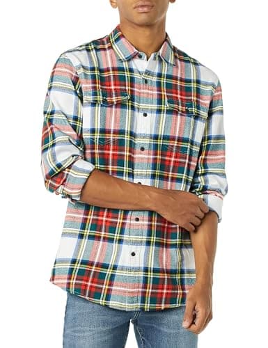 Image of Amazon Essentials Men's Slim-Fit Long-Sleeve 2-Pocket Flannel Shirts, Red White Tartan Plaid, XL