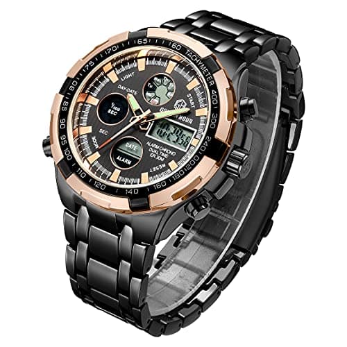Image of Affute Mens Watches Stainless Steel Sport Chronograph Waterproof Date Alarm Multifunction Analog Digital Wristwatches (Rose Gold Black)