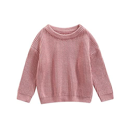 Image of Geagodelia Baby Oversized Knitted Jumper Girls Boys Winter Ribbed Knit Sweater Chunky Pullover Long Sleeve Knitwear Top Soft Unisex Toddler Baby Clothes Autumn Outwear (A 01- DarkPink, 12-18 Months)