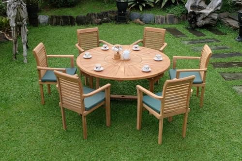 Image of Emporium Furniture Garden Outdoor Wooden Furniture Sets for 6 | Teakwood Round 150cm Table (4cm Thick top) with Parasol hole & Cushions (7, Sunburst Round Table with Belgrave Stacking Chair)