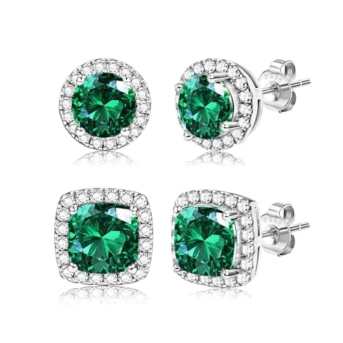 Image of Dochais 2 Pairs Cubic Zirconia Stud Earrings for Women Men Hypoallergenic 925 Sterling Silver Post Earrings 14K Gold Plated Round & Square Brilliant Simulated Diamond Earring Studs Silver G