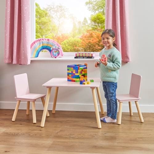 Image of Liberty House Toys Kids Pink and Pinewood Table and 2 Chairs Set, Wooden Table and Chairs, Children's Table and Chairs, H440 x W600 x D600mm