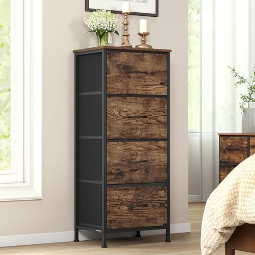 Image of SONGMICS LGS314BH04 Chest of Drawers 4 Fabric Drawers Storage Cabinet Steel MDF Non-Woven Fabric for Bedroom Hallway Living Room Vintage Brown Ink Black