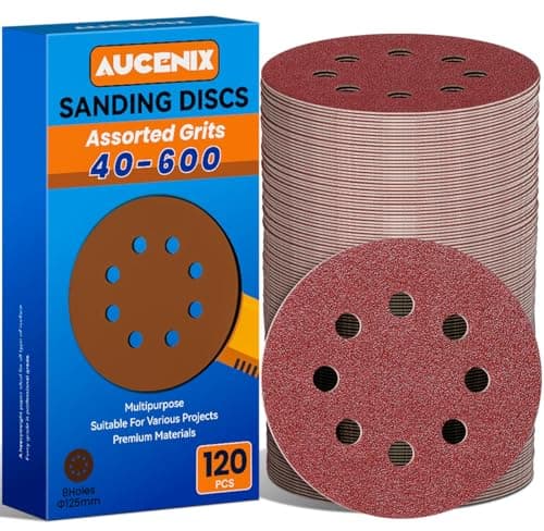 Image of Aucenix 120PCS 125mm Sanding Discs: 8 Holes (40/60/80/120/150/180/240/320/400/600) Assorted Grits Sanding Pads - Hook and Loop Sandpaper Sheets for Random Orbital Sander for Wall Metal Wood