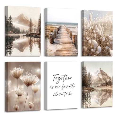 Image of 6 Pcs Wooden Framed Canvas Wall Art Set Coastal Beach Seaside Canvas Prints Brown Mountains Lake Painting Dandelions Pampas Grass Reeds Pictures for Living Room Bedroom Hallway Wall Decor 20x30 cm x6