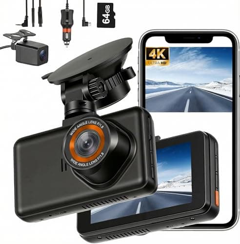 Image of Dashcam Front and Rear, 4K+1080p, 64GB Memory Card, GPS and Wi-Fi Support, 24-Hour Parking Monitoring, 170° Wide-Angle Lens, Loop Recording, App Control, Max 128GB