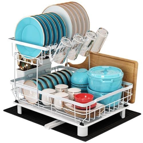 Image of MAJALiS Dish Drying Rack, 2 Tier Dish Drainer Rack with Drip Tray and Drainer Mat, Stainless Steel Dish Rack with Utensil Holder, Swivel Spout, Draining Board for Kitchen Counter, White