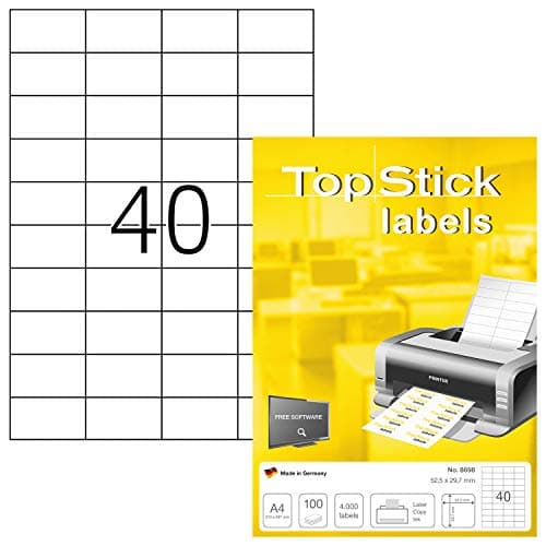 Image of TopStick A4 Self Adhesive Address Labels, 40 Labels Per Sheet, 100 Sheets, 4,000 Labels, 52.5 x 29.7 mm, Blank Printer Labels For Laser & Inkjet, Printable Sticky Paper Labels for Office & Home