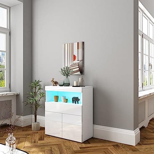 Image of High Gloss Sideboard, Living Room Cabinets with LED Lights, Modern Display Cabinet Storage Cupboard Unit with 2 Doors 1 Drawer 1 Open Shelf Home Furniture 80 * 35 * 90CM White