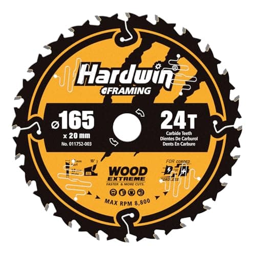Image of Hardwin 165mm Circular Saw Blade 24T, 165 x 20mm Bore (incl. 16mm Ring), TCT Carbide ATB Teeth for Wood, Fast Clean Cut, Optimised for Cordless Saws, Fits Makita & DeWalt