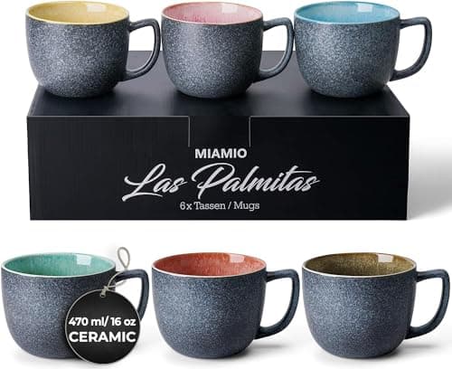 Image of MIAMIO - 6 x 470 ml Coffee Cups/Mug Set/Coffee Cup Large/Modern Stoneware Coffee Mugs - Las Palmitas Collection