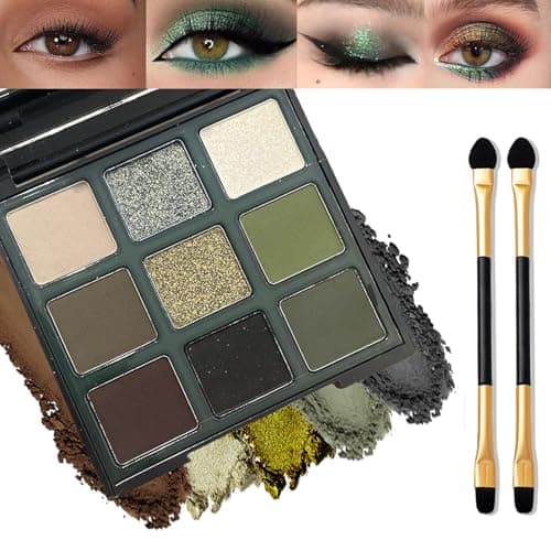 Image of Green Cat-eye Eyeshadow Palette, 9 Colors Matte & Glitter, Highly Pigmented, Long-Lasting & Waterproof, Easy to Apply, Ideal for Smokey Eye Daily Makeup Includes Brushes
