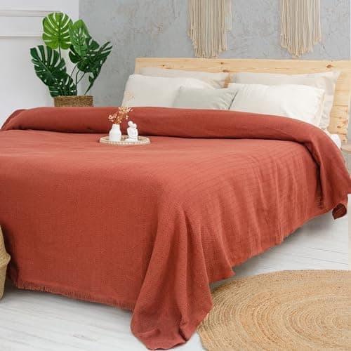 Image of Milam London Bed Throw King Size | Cotton Throws for Sofas Large | Bedspreads King Size Blankets for Beds | 220 x 240cm | 86”x94” - Terracotta