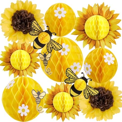 Image of SUNBEAUTY 11Pcs Sunflower Bee Decorations Yellow Honeycomb Balls Decor Bee Honeycomb Centerpieces Paper Sunflower with Daisy Stickers for Spring Themed Birthday Party Baby Shower Classroom for Wall