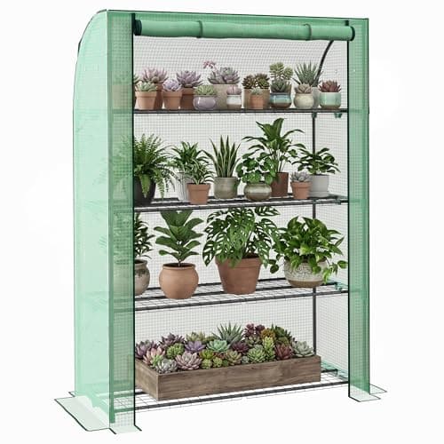 Image of Outsunny 4 Tier Mini Greenhouse with Reinforced PE Cover, Portable Indoor Outdoor Green House with Roll-up Door and Wire Shelves, 170H x 120W x 50Dcm, Green