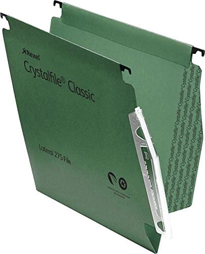 Image of Rexel 275 Lateral Hanging Files with Tabs and Inserts, 15 mm V-base, 100 Percent Recycled Manilla, Green, Crystalfile Classic, Pack of 50, 78652