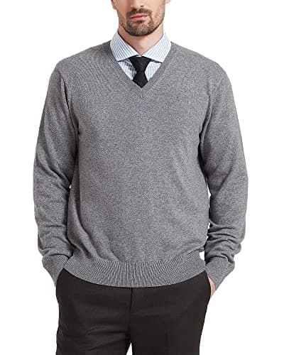 Image of Kallspin Men’s Wool Blend Jumper Sweater V Neck Long Sleeve Knit Pullover Smart Casual Knitwear(Light Grey, L)