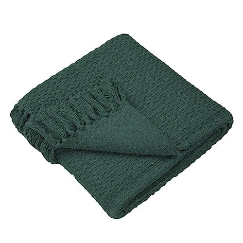 Image of Drift Home - Green Throw with Tassel - Sustainable Recycled Cotton - Woven Basket Weave Textured Sofa Throw - Extra Large 200 x 200cm