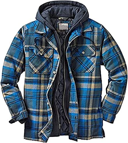 Image of Men Shirt Jacket Hooded Lumberjack Jacket Quilted Fleece Hoodies Check Button Shirt,Windproof and Warm Lining,Leisure Other Outdoor Sports (Color : D, Size : L)
