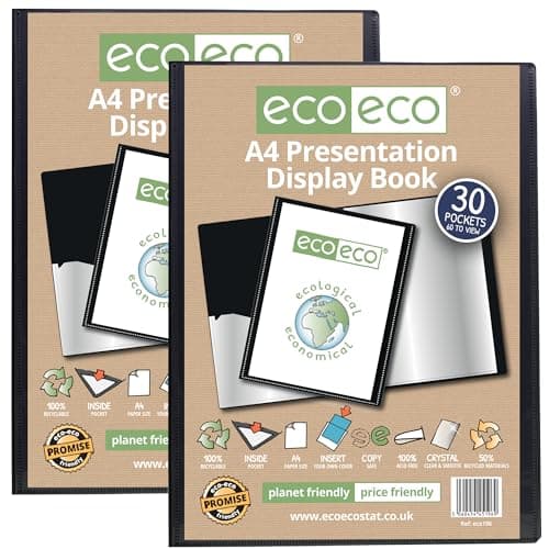 Image of eco-eco A4 Size 50% Recycled 30 Pocket Black Presentation Display Book, Storage Case Portfolio Art Folder with Plastic Sleeves, Pack of 2, eco196x2