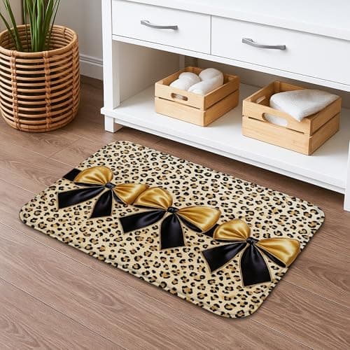 Image of Leopard Print Elegant Quick Dry Bath Mat, Chic Gold Bow Non Slip Shower Mat, Decorative Flannel Washable Rugs for Bathroom Toilet Restroom 20x32 Inch