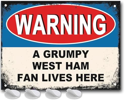 Image of West Ham Gifts for Men - or Boys Funny The Hammers Football Grumpy West Ham Fan Lives Here Metal Sign, Mens Metal Poster for Dads FC Man Cave or Home Bar Signs