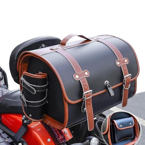 Image of HDAJDWA Motorcycle Tail Bag for Benelli Caffe Nero 125 2011-2016, All Weather Waterproof PU Leather Rear Seat Luggage Bag, 33L Large Capacity Storage Motorbike Saddle Bag,D Black+Brown