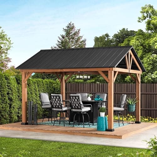 Image of SUNJOY 3.3x4m Solid Cedar Wood Gazebo, Waterproof Steel Gable Roof, Thicker 14cm Posts, Wind & Snow Resistance, Outdoor Heavy Duty Permanent Shelter for Patio, Garden