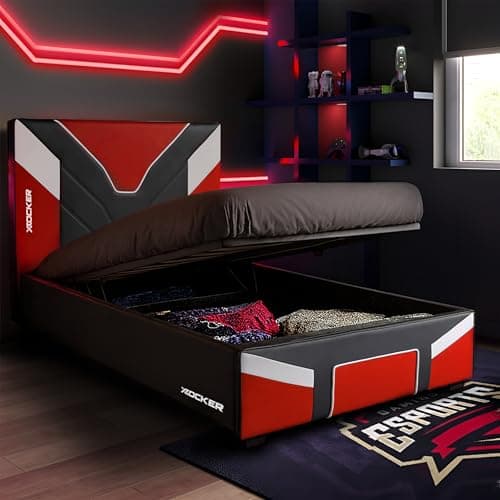 Image of X-Rocker Cerberus MKII 3ft Single, Ottoman Upholstered Bed Frame - Hydraulic Gas Lift, Under-bed Storage, Wooden Slats, Wipe-Clean Faux Leather for Kids & Teens - Red - 90x190cm