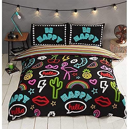 Image of Rapport Double Duvet Cover Set | Black Neon Graffiti Striped Reversible Bedding | Soft Polycotton Blend | 200 x 200 cm Duvet & 2 Pillowcases | Funky Kids Teen Bedroom Decor