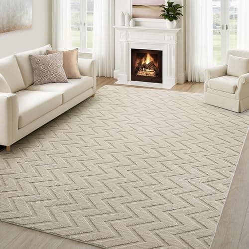 Image of Aspire Homeware Rugs Living Room Large 200x290 cm – 100% Polyester Machine Washable Beige Rugs For Bedroom Anti Slip Bedside Carpet, Modern Zig Zag High Low Pile Rug For Kids Room Non Shedding