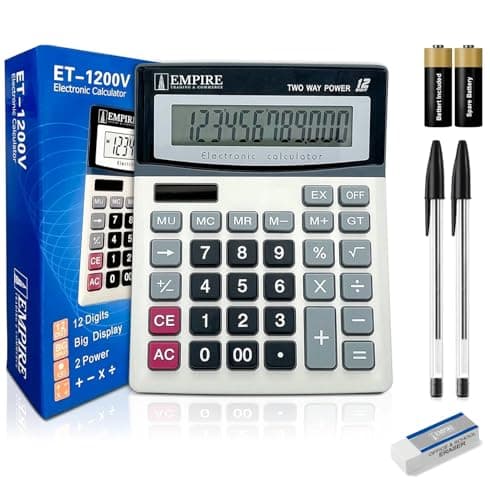 Image of Empire Desk Calculator with Large Key Buttons, 12 Digits, Large Eye-Angled Display, Solar and Battery Powered for Home and Office (Included 2 Battery, 2 Pen and 1 Rubber)