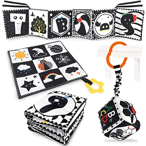 Image of KUANGO 3 Pcs Black and White High Contrast Baby Toys for Newborn, Montessori Sensory Soft Book for Early Education, Infant Tummy Time Toys 0-9 Months Baby Gifts