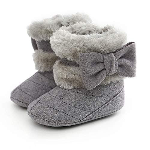 Image of RVROVIC Baby Boys Girls Plush Winter Snow Boots Bowknot Anti Slip Warm Fleece Infant Boots Toddler Prewalkers (12-18 Months Toddler, 1-Grey)