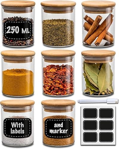 Image of Set of 8 Glass Spice Jars with Bamboo Lids - 250 ml - With Labels & Erasable Marker - Airtight & Dishwasher Safe - Perfect for Organizing Spices & Herbs