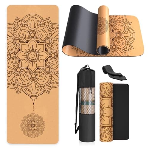 Image of Cork Yoga Mat Non Slip Unique Design Natural Cork Tpe Material Fitness Exercise Mat with Carry Bag and Strap For Home, Pilates,Aerobic,Gym & Workout 72 X 24